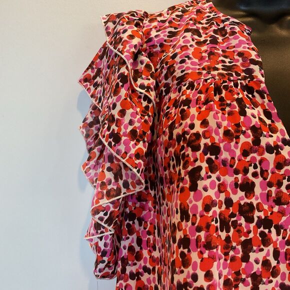 Anna Cate Ruffle Sleeve Blouse XS Pink Red Abstract Print V-Neck Feminine Top - Picture 3 of 7
